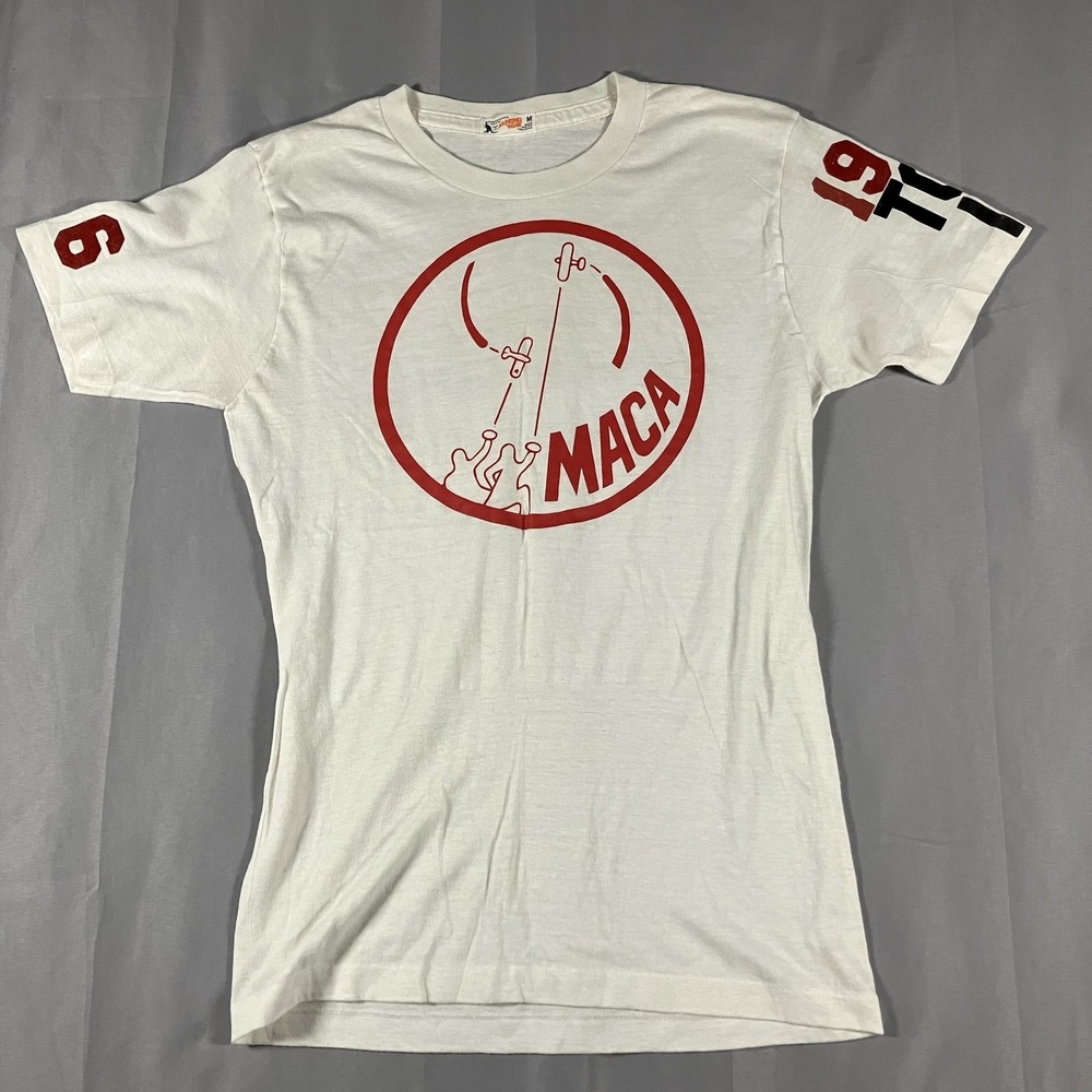 Vintage MACA Airplane Shirt Mens Medium White 1977 Top 10 Combat Specialties 70s